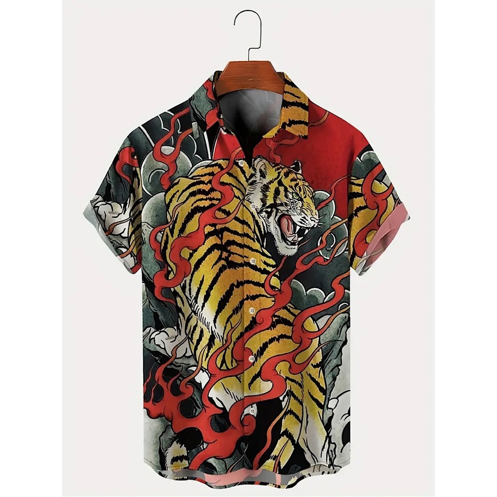 Men's Hawaiian Tiger Asian Inspired Graphic Button Down Shirt Dress Shirt Aloha